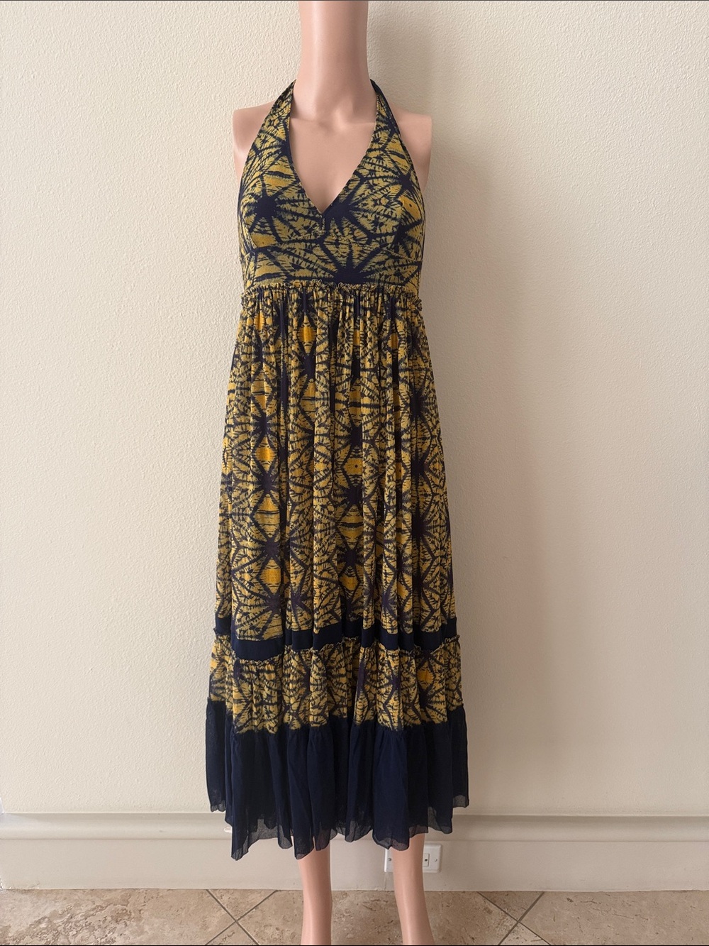 Jean Paul Gaultier Yellow and Navy Halter Maxi Dress , Size M